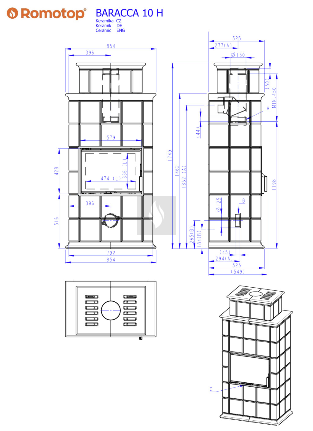Romotop BARACCA 10 H kerámia csempe burkolatú 3 oldalú kandallókályha - hőtárolóval bővíthető